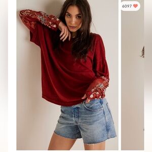 FREE PEOPLE Gardener Embroidered Long Sleeve Top In Empress Rock